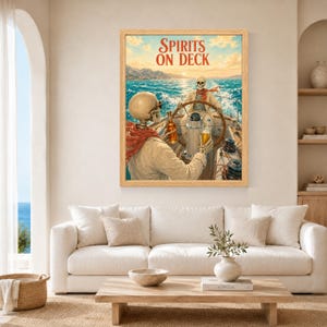 May include: A framed wall art print titled Spirits On Deck featuring two skeletons on a boat at sea. One skeleton steers the vessel while the other holds a bottle and a glass. The scene is set against a sunset sky with blue ocean waves.