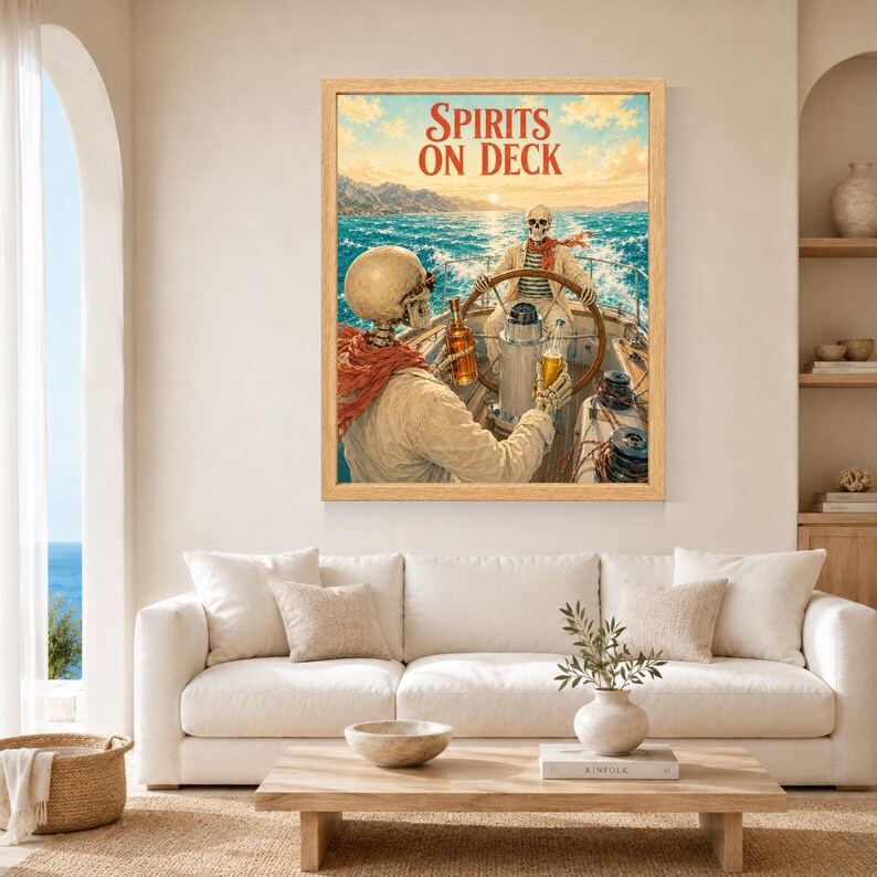 May include: A framed wall art print titled Spirits On Deck featuring two skeletons on a boat at sea. One skeleton steers the vessel while the other holds a bottle and a glass. The scene is set against a sunset sky with blue ocean waves.
