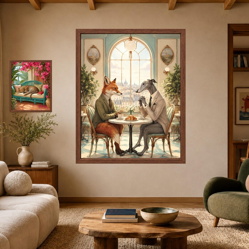 Fox and Greyhound Business Lunch Art, French Cafe Decor (Digital Download) image 3