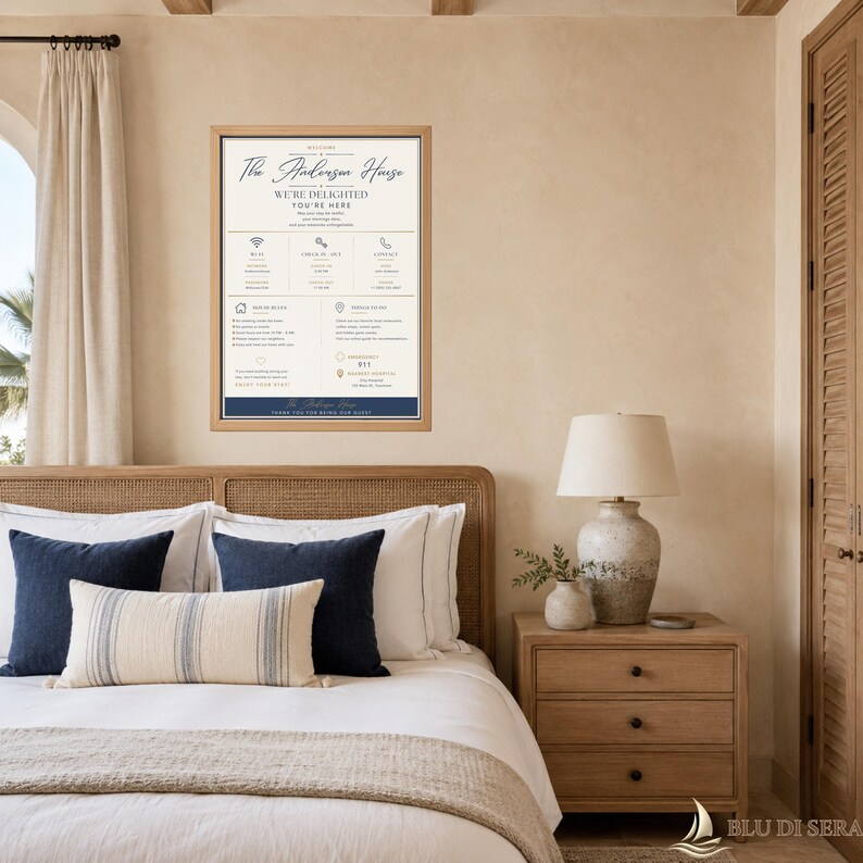 Puede incluir: Un cartel rectangular de pared con fondo beige claro y texto azul oscuro. El cartel presenta un mensaje de bienvenida para The Anderson House, incluyendo secciones para Wi-Fi, horarios de entrada y salida, contactos, normas y emergencias.