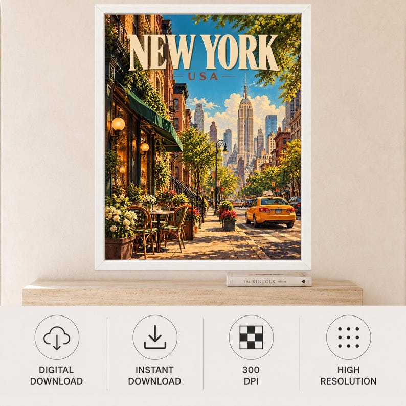 May include: A framed wall art print depicting a New York City street scene with the text NEW YORK USA at the top. The image features a sidewalk cafe with green awnings, lush trees, and a yellow taxi driving down a sunny city street with skyscrapers.