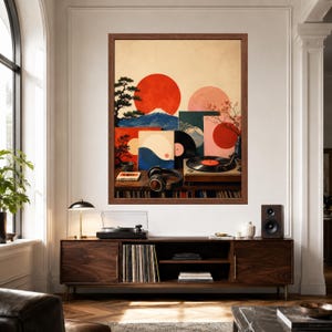 May include: A framed wall art print featuring a stylized landscape with a large red sun, Mount Fuji, a bonsai tree, and a vinyl record player with headphones. The composition incorporates geometric shapes, warm tones, and musical elements.