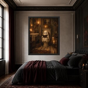 Gothic Ghost Reading on Toilet Print, Black Cat Bathroom Art (Digital Download) image 6