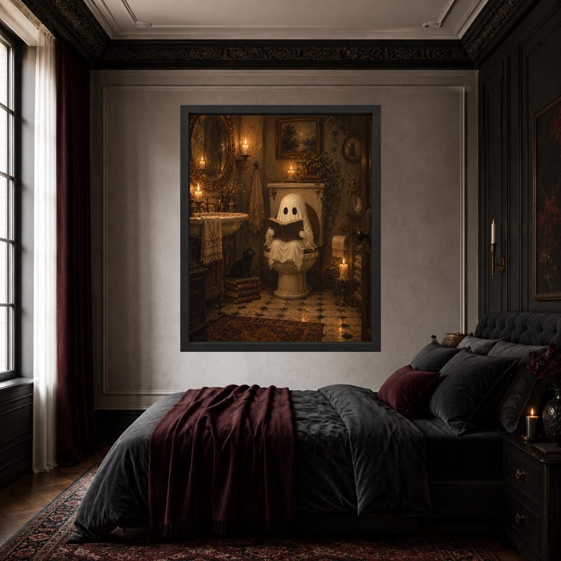 Gothic Ghost Reading on Toilet Print, Black Cat Bathroom Art (Digital Download) image 6