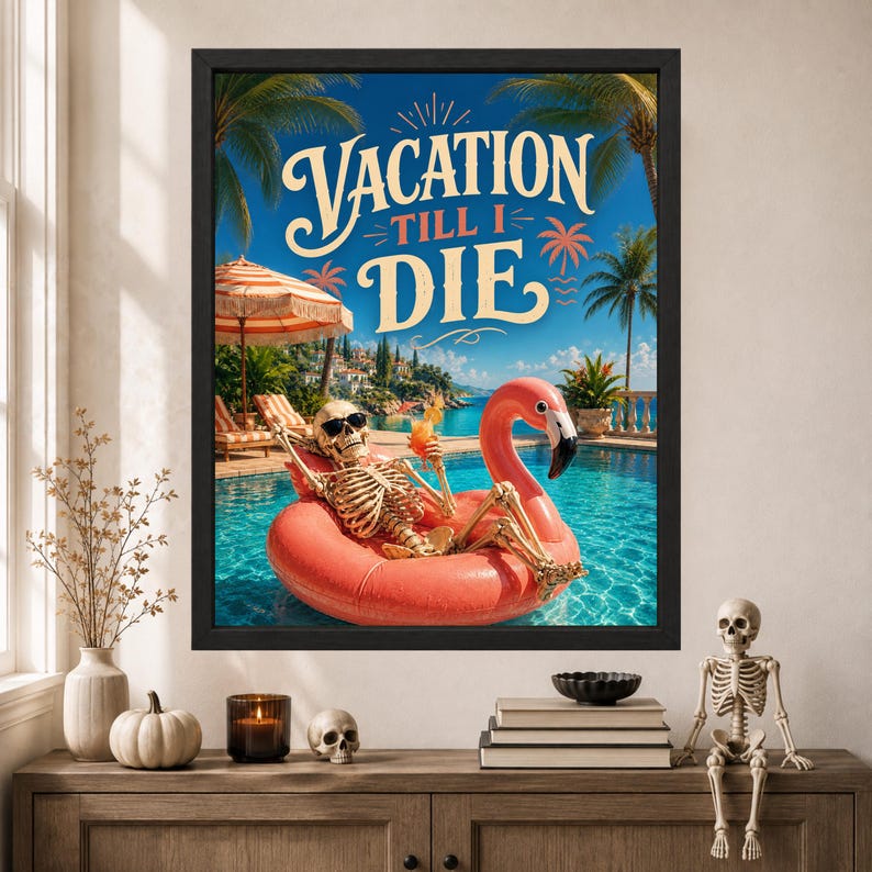 Funny Skeleton Flamingo Pool Poster, Tropical Summer Decor (Digital Download) image 8