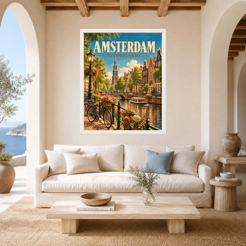 Amsterdam Travel Poster, Netherlands Wall Art, Canal Bicycle Print, Dutch City Decor, Digital Download image 3