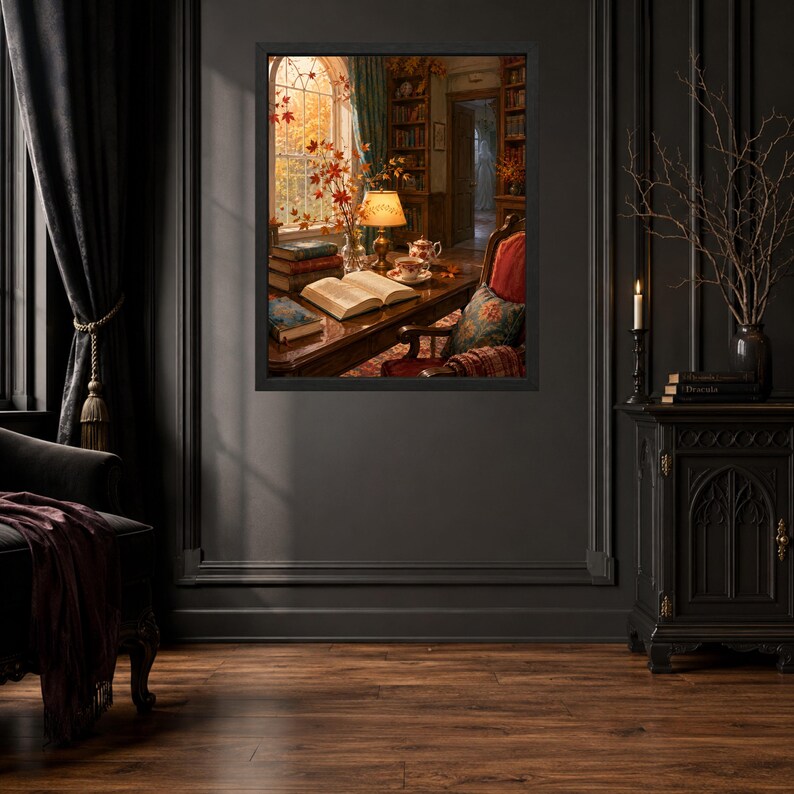 Puede incluir: Una impresi&oacute;n de arte mural enmarcada que representa una acogedora escena de estudio con un libro abierto, una pila de libros, una l&aacute;mpara encendida y un juego de t&eacute; sobre un escritorio de madera. La escena se sit&uacute;a junto a una ventana con hojas de oto&ntilde;o.