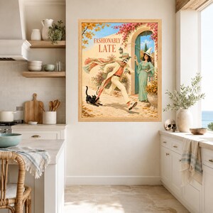 May include: A framed wall art print titled FASHIONABLY LATE featuring a skeleton in a beige suit and a scarf running toward a person in a green dress and witch hat, with a black cat nearby, set in a garden archway with flowers and autumn trees.