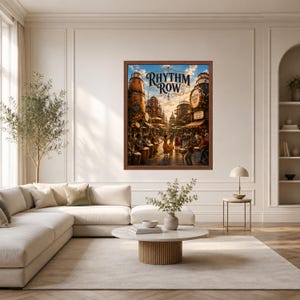 May include: A framed wall art print titled Rhythm Row featuring a bustling street scene with large drum-shaped buildings, musicians playing percussion instruments, and a central figure dancing under a golden sunset sky with clouds.