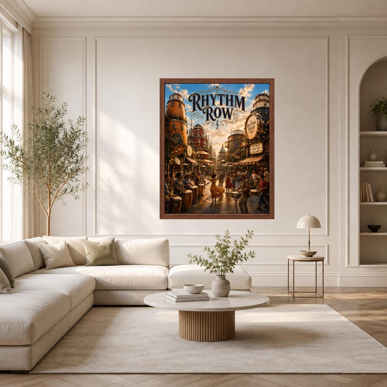 May include: A framed wall art print titled Rhythm Row featuring a bustling street scene with large drum-shaped buildings, musicians playing percussion instruments, and a central figure dancing under a golden sunset sky with clouds.