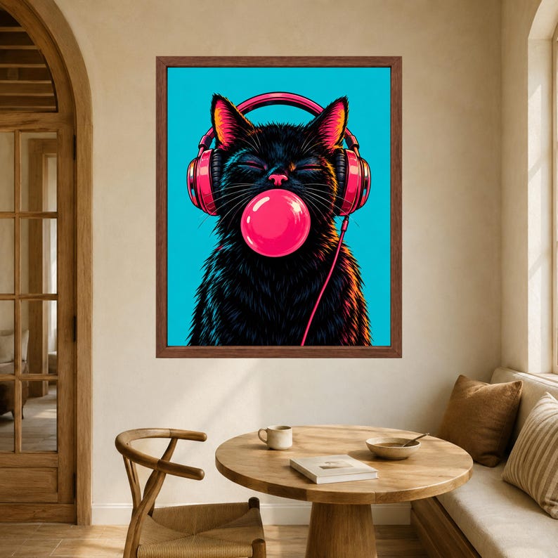 Kopfhörer mit schwarzer Katze im Kaugummi-Design, Pop-Art-Musikzimmer-Dekoration (Digitaler Download) Bild 5