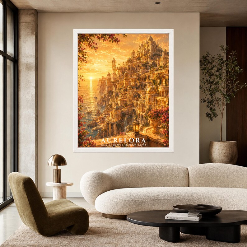 May include: A framed wall art print depicting a fantasy coastal city at sunset with golden light, stone architecture, and cascading flowers. The text AURELORA City of Eternal Golden Light is printed at the bottom of the artwork in white font.