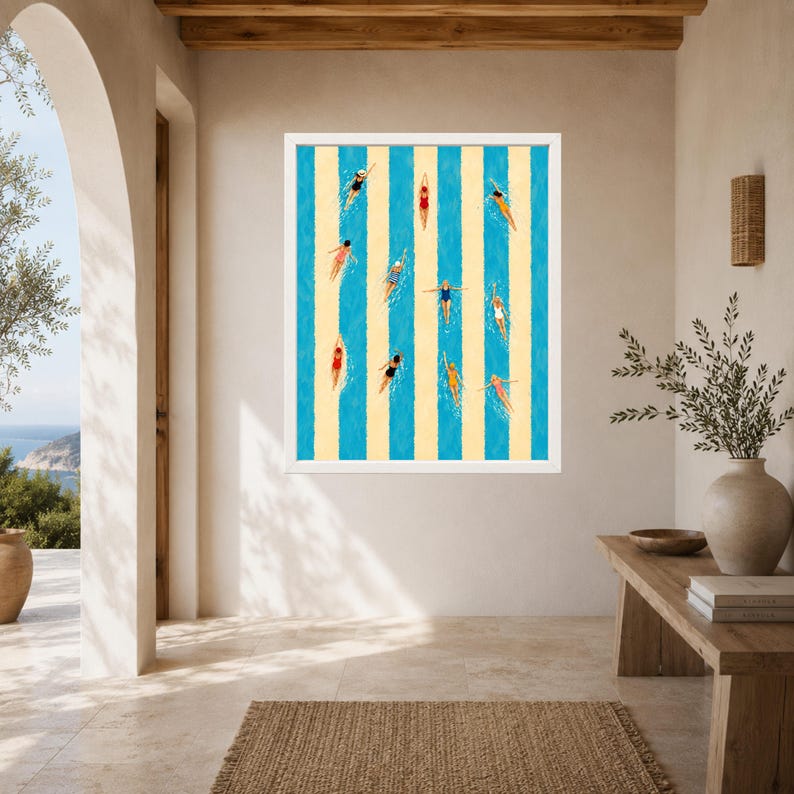 May include: A framed wall art print featuring a vertical pattern of alternating light blue and cream stripes. Eleven figures in various colorful swimsuits are depicted swimming in the blue stripes, each positioned within a distinct vertical lane.