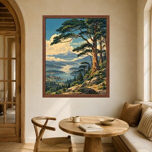Japanese Landscape Print, Mountain Lake, Pine Trees, Woodblock Style (Digital Download) image 5