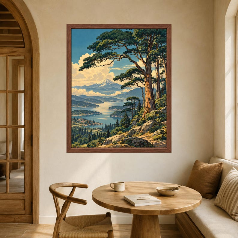 Japanese Landscape Print, Mountain Lake, Pine Trees, Woodblock Style (Digital Download) image 5