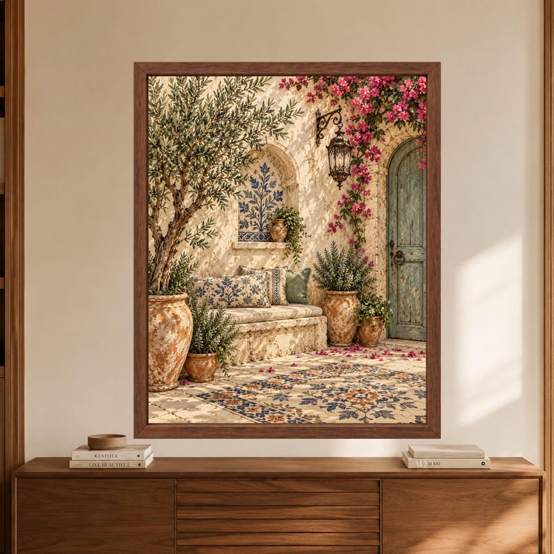 Kunstdruck „Mediterraner Olivenbaumhof“, Bougainvillea-Motiv im toskanischen Villenstil (Digitaler Download) Bild 8