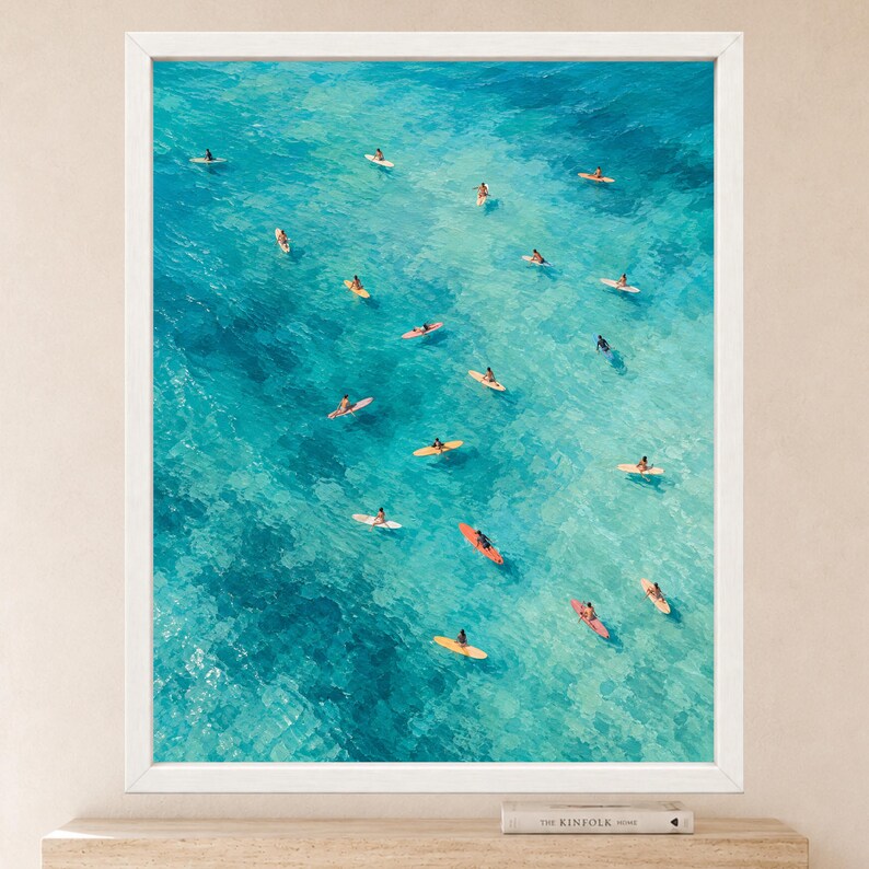 Aerial Turquoise Ocean Surfers Print, Coastal Surfboard Art (Digital Download) image 2