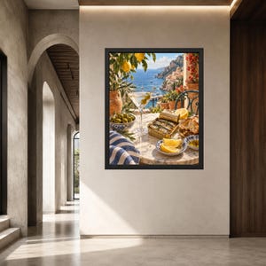 May include: A framed wall art print depicting a Mediterranean scene on a marble table. The image features a martini glass with olives, a tin of sardines, lemon wedges, a bowl of green olives, and a blue and white striped cloth, with a coastal view.