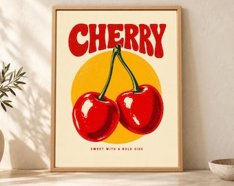 Retro Cherry Wall Art, Bold Fruit Poster, Vintage Kitchen Decor (Digital Download)