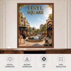 May include: A framed wall art print titled VINYL SQUARE featuring a European-style plaza with a central fountain shaped like a vinyl record player. The scene includes stone buildings, trees, and people walking, with warm sunlight illuminating the square.