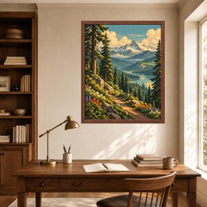 Pode incluir: Uma pintura de paisagem emoldurada pendurada na parede, retratando uma cordilheira com picos nevados, um rio sinuoso, densas florestas de con&iacute;feras e um caminho em primeiro plano ladeado por flores silvestres sob um c&eacute;u azul com nuvens.