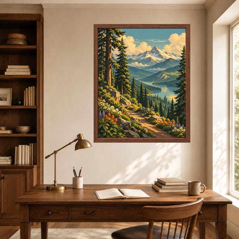 Pode incluir: Uma pintura de paisagem emoldurada pendurada na parede, retratando uma cordilheira com picos nevados, um rio sinuoso, densas florestas de con&iacute;feras e um caminho em primeiro plano ladeado por flores silvestres sob um c&eacute;u azul com nuvens.