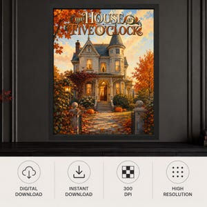 May include: A framed wall art print titled The House at Five O'Clock, depicting a Victorian-style house surrounded by autumn foliage, orange pumpkins, and a stone walkway under a sunset sky, with the text clearly visible at the top of the image.