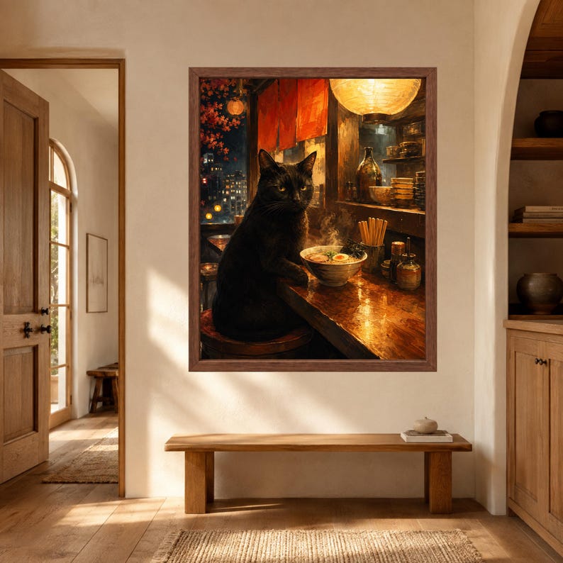 May include: A framed wall art print depicting a black cat sitting on a stool at a wooden counter in a dimly lit ramen shop. The cat is positioned next to a steaming bowl of ramen with chopsticks, set against a backdrop of a city night view.