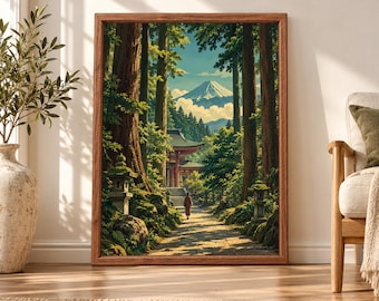 Mount Fuji Forest Shrine Print, Japandi Landscape Art (Digital Download)