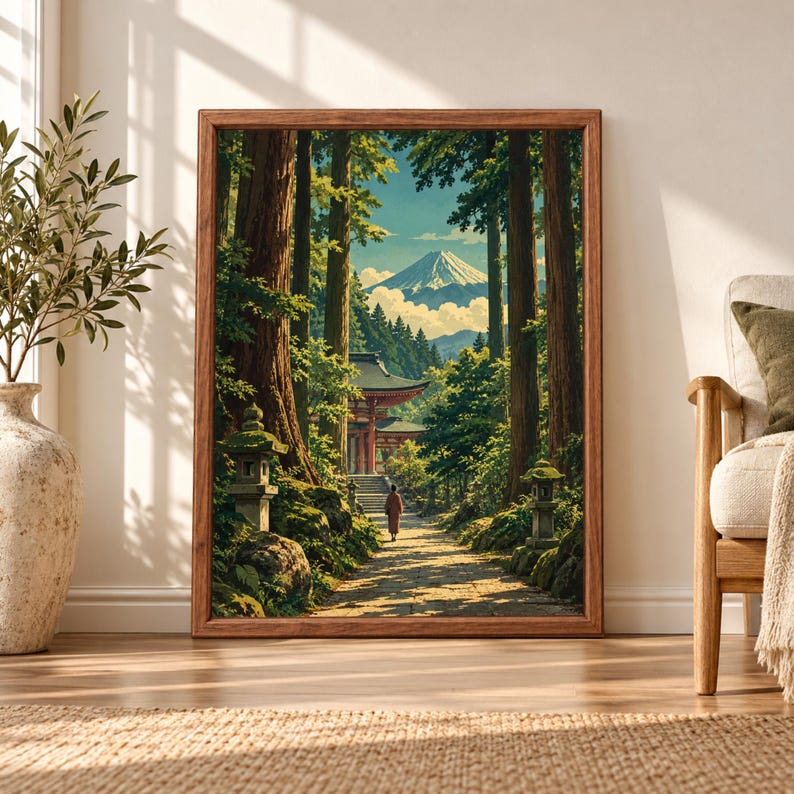Framed Japanese landscape wall art showing a forest path lined with stone lanterns leading toward a red shrine beneath tall cedar trees with Mount Fuji rising in the distance.