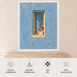 Woman Reading in Window Print, Mediterranean Blue Wall Art (Digital Download) image 10