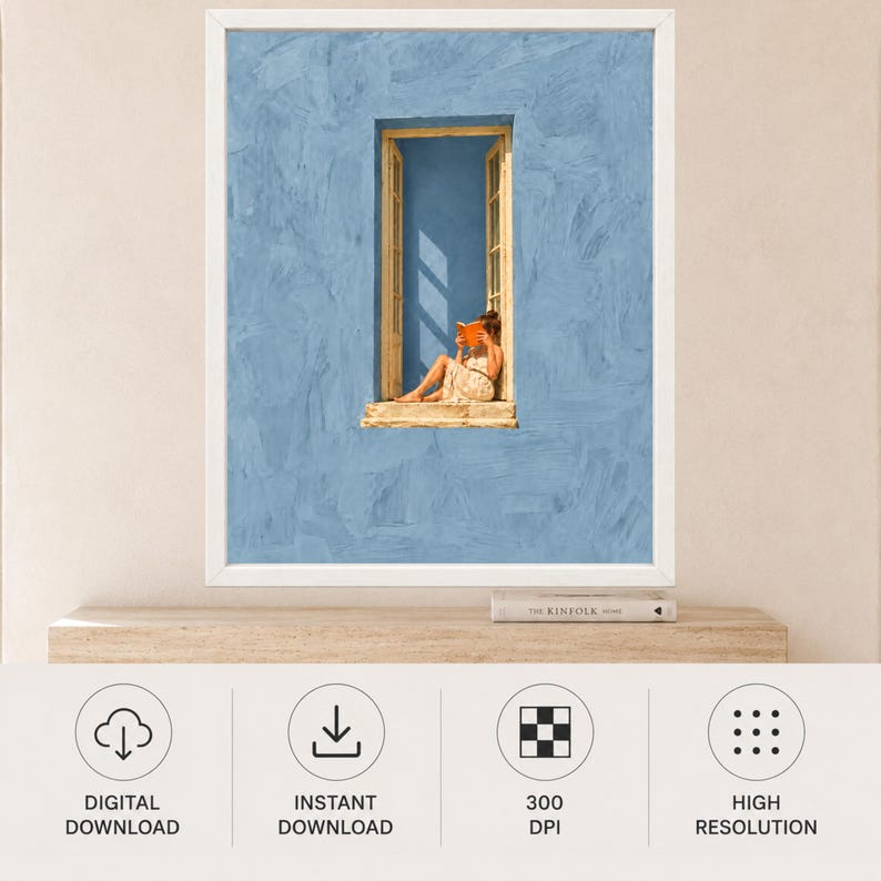 Woman Reading in Window Print, Mediterranean Blue Wall Art (Digital Download) image 10