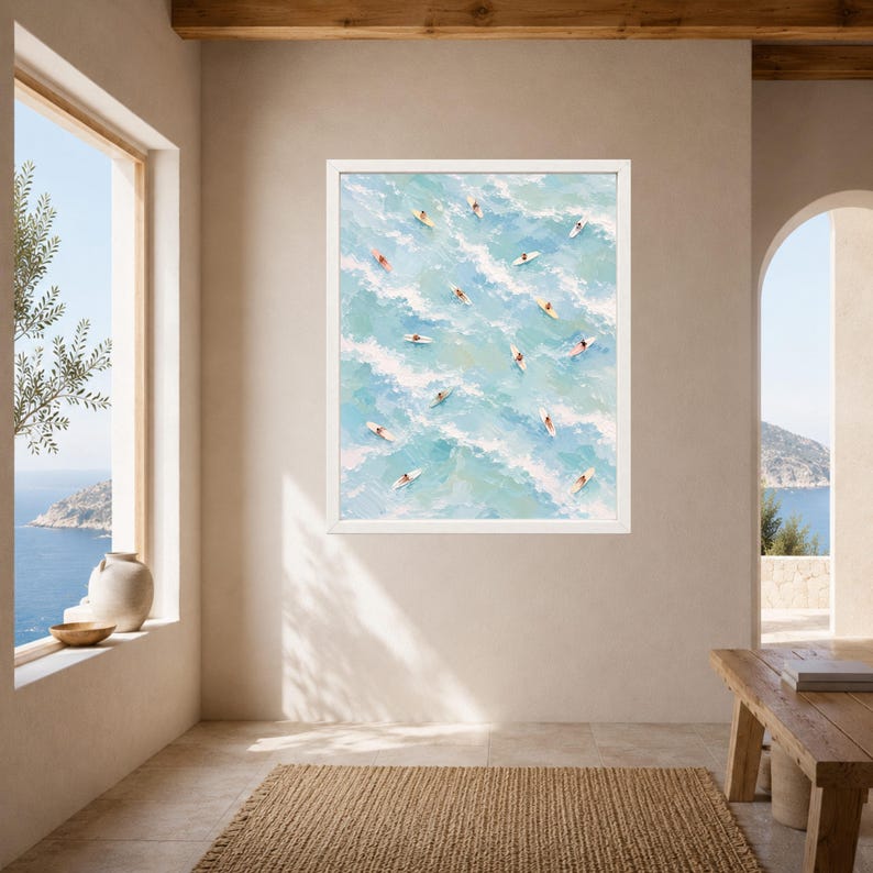 Aerial Surfers Ocean Print, Pastel Blue Coastal Art (Digital Download) image 7