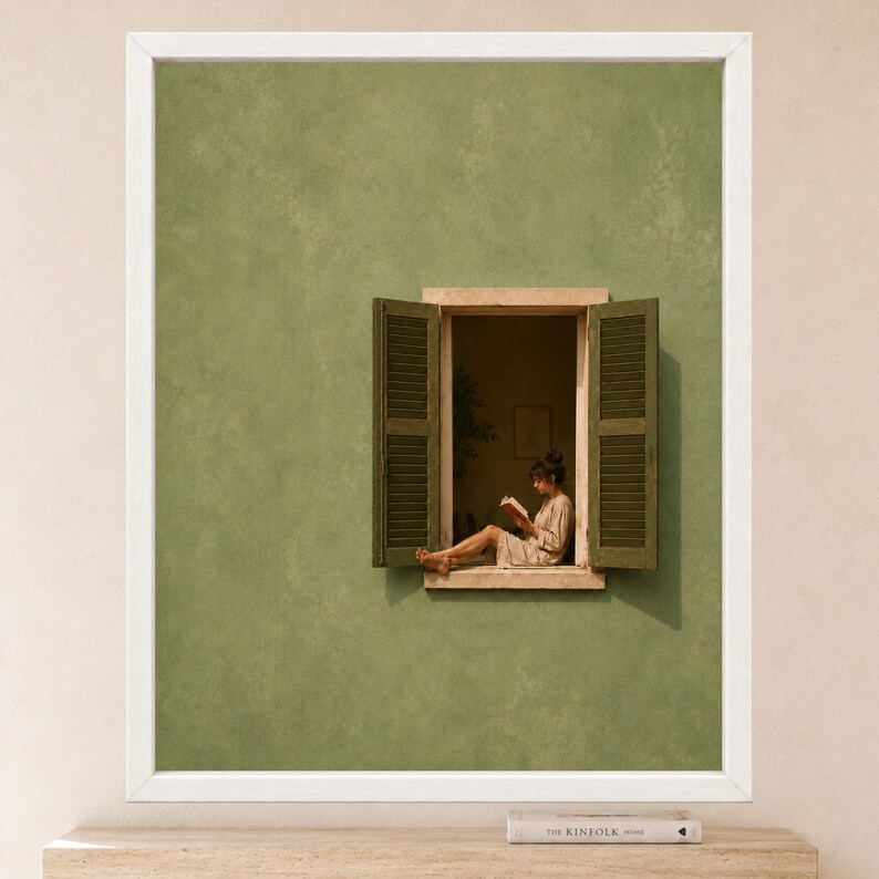 May include: A framed wall art print featuring a sage green wall with an open window. A person sits in the window frame reading a book. The window has dark green louvered shutters on both sides. The frame is white and rectangular in shape.