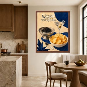 May include: A framed wall art print featuring a stylized illustration of a silver bowl filled with black caviar, a martini glass with an olive, and a white bowl of golden potato chips. The text Caviar & Potato Chips is printed at the top.