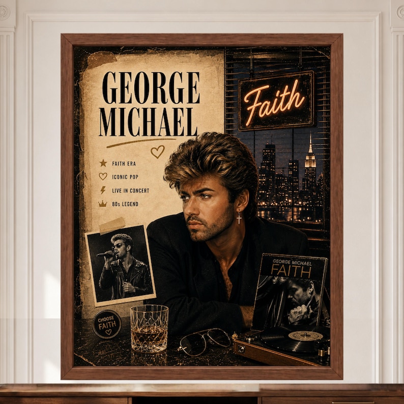 K&ouml;nnte beinhalten: Ein gerahmtes Poster mit George Michael und dem Text George Michael sowie Faith. Das Design zeigt eine Skyline, ein kleines Foto des K&uuml;nstlers, ein Glas mit bernsteinfarbener Fl&uuml;ssigkeit, eine Sonnenbrille und einen Plattenspieler mit Albumcover.