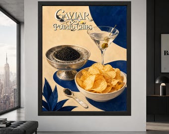 Caviar & Chips Martini Poster, Retro Food Art Print (Digital Download)