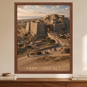 Puede incluir: Una impresi&oacute;n de arte mural enmarcada que representa una antigua ciudad fortificada con muros y torres de piedra al atardecer. La escena incluye personas y carros tirados por caballos en un camino hacia la puerta. TROY 1250 BCE est&aacute; impreso abajo.