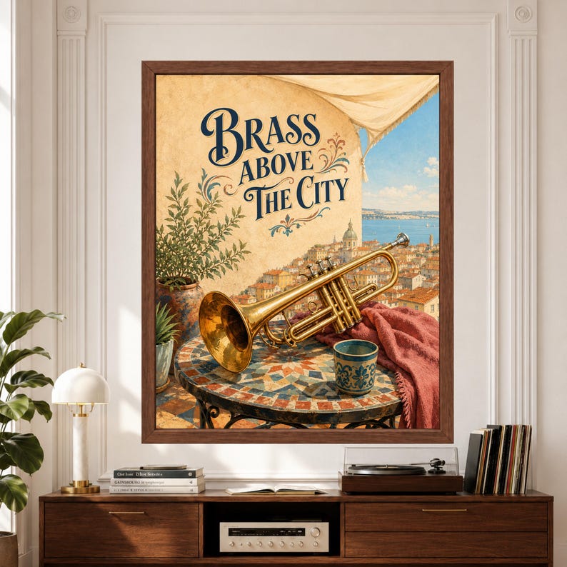 Framed Brass Above the City trumpet wall art featuring a polished golden trumpet on a colorful mosaic terrace overlooking a Mediterranean coastal city, blue sea and distant sailboats.