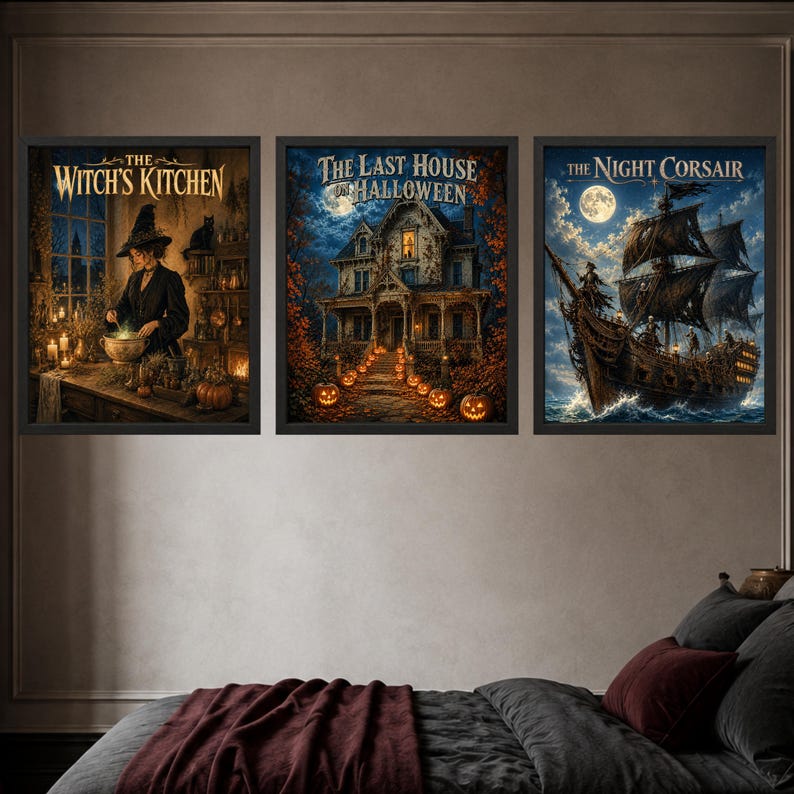 May include: Three framed rectangular wall art prints featuring dark fantasy themes. The left print shows a witch in a kitchen with the text The Witch's Kitchen. The center print depicts a house with pumpkins and the text The Last House on Halloween. The right print shows a ship at sea with the text The Night Corsair.
