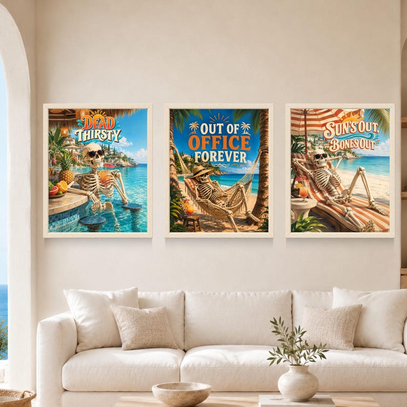 Póster divertido de esqueleto en hamaca de playa, arte de vacaciones tropicales (descarga digital) imagen 10