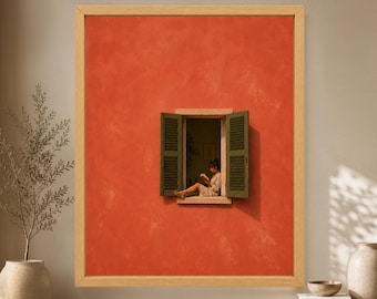 Woman Reading Wall Art, Mediterranean Window Print, Book Lover Decor, Terracotta Poster, Digital Download