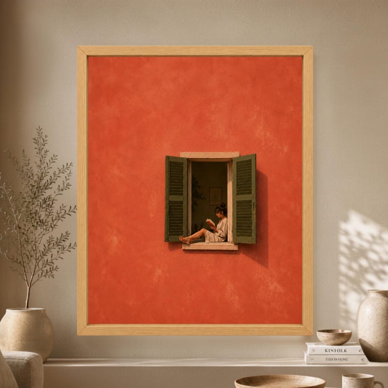 Framed Mediterranean wall art showing a woman reading a book while sitting in an open window with dark green shutters against a large textured terracotta orange wall.