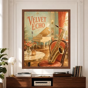 Framed Velvet Echo jazz wall art featuring a golden saxophone on a coral velvet chair inside an elegant turquoise music salon with ivory grand piano, vintage microphone, flowers and warm daylight.