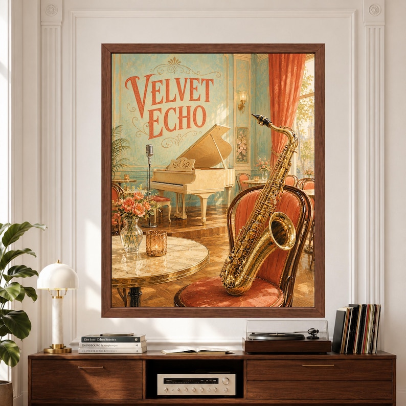 Framed Velvet Echo jazz wall art featuring a golden saxophone on a coral velvet chair inside an elegant turquoise music salon with ivory grand piano, vintage microphone, flowers and warm daylight.
