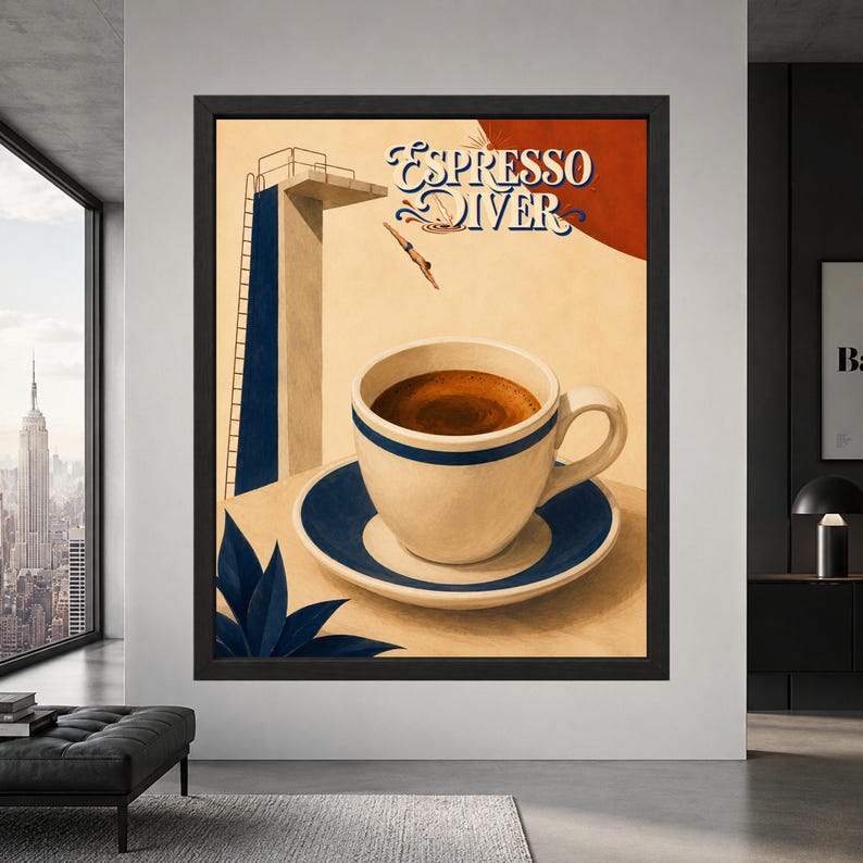 Framed Espresso Diver wall art showing a small diver jumping from a tall platform toward an oversized espresso cup with blue accents, retro lettering and a warm cream and orange background.