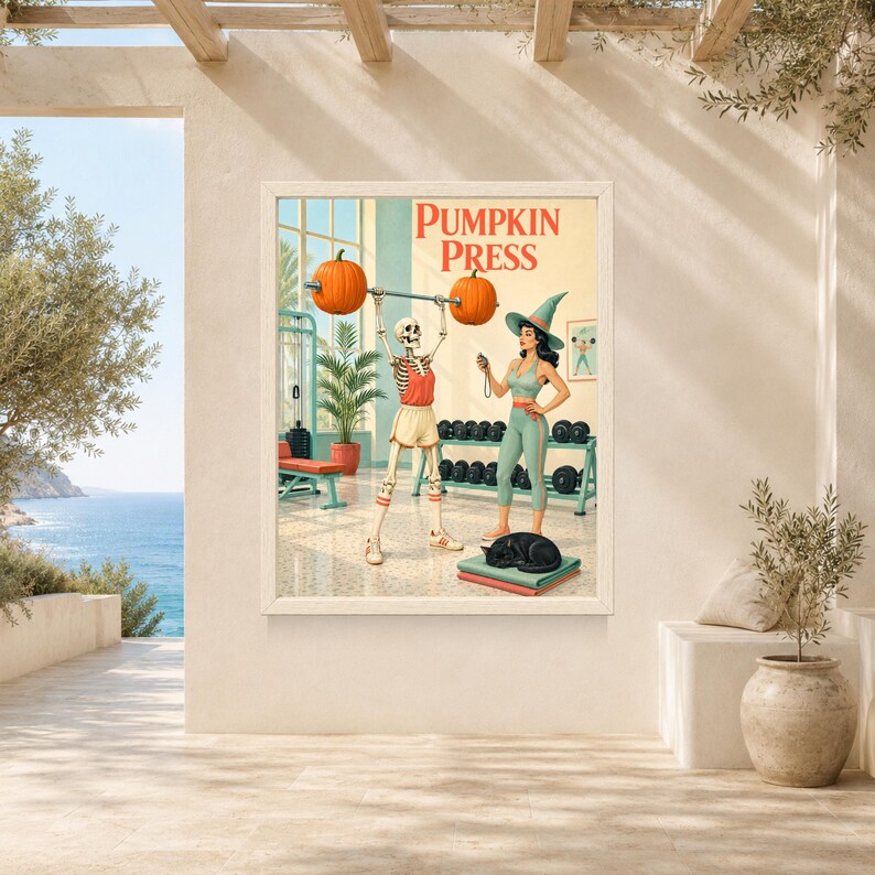 May include: A framed wall art print titled PUMPKIN PRESS featuring a skeleton lifting a barbell with orange pumpkins on each end. A person wearing a teal witch hat and matching athletic wear stands nearby with a black cat resting on a mat.