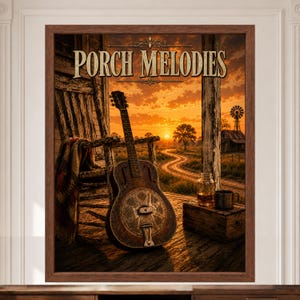 Tryck med verandamelodier och resonatorgitarr, rustik countrymusikkonst (digital nedladdning) bild 2