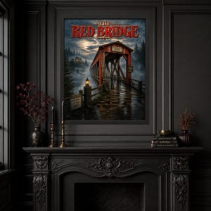K&ouml;nnte beinhalten: Ein gerahmter Kunstdruck mit dem Titel The Red Bridge, der eine rustikale rote &uuml;berdachte Br&uuml;cke &uuml;ber Wasser bei Nacht zeigt. Die Szene umfasst eine leuchtende Laterne, einen Vollmond, neblige B&auml;ume und Warnschilder &uuml;ber einem Kamin.