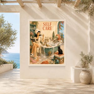 May include: A vintage-style art print titled SELF CARE featuring a person in a white robe and head towel reading a book while sitting beside a clawfoot bathtub. A skeleton wearing a pink head towel sits in the tub, with a black cat nearby.